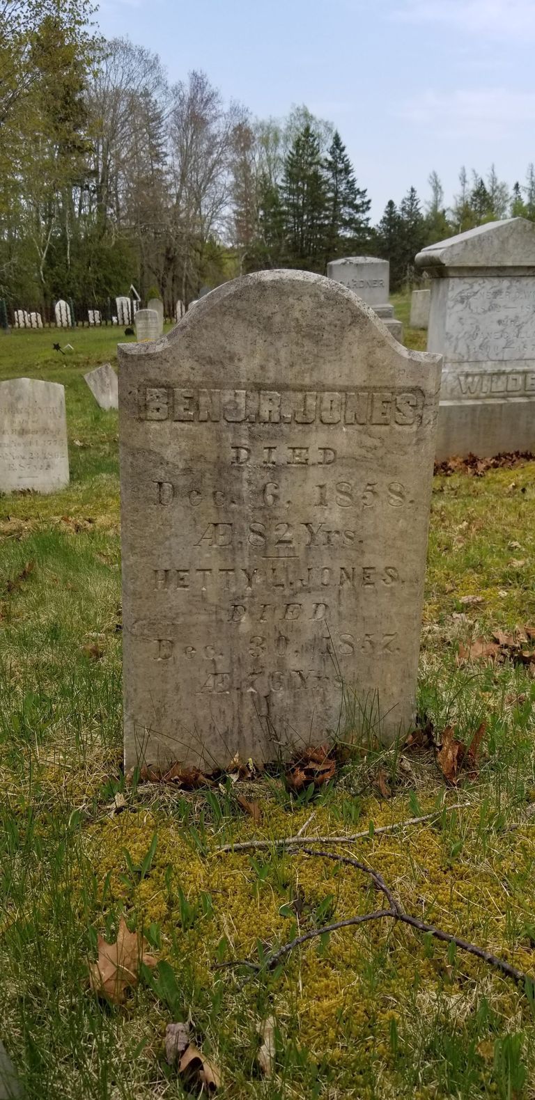          Benjamin R. and Hetty L. Jones' gravestone in the Dennysville Town Cemetery.; This gravestone records the deaths of Benjamin R. Jones, a noted surveyor, in 1858 and his wife Hetty in 1857, in the Dennysville Town Cemetery.
   