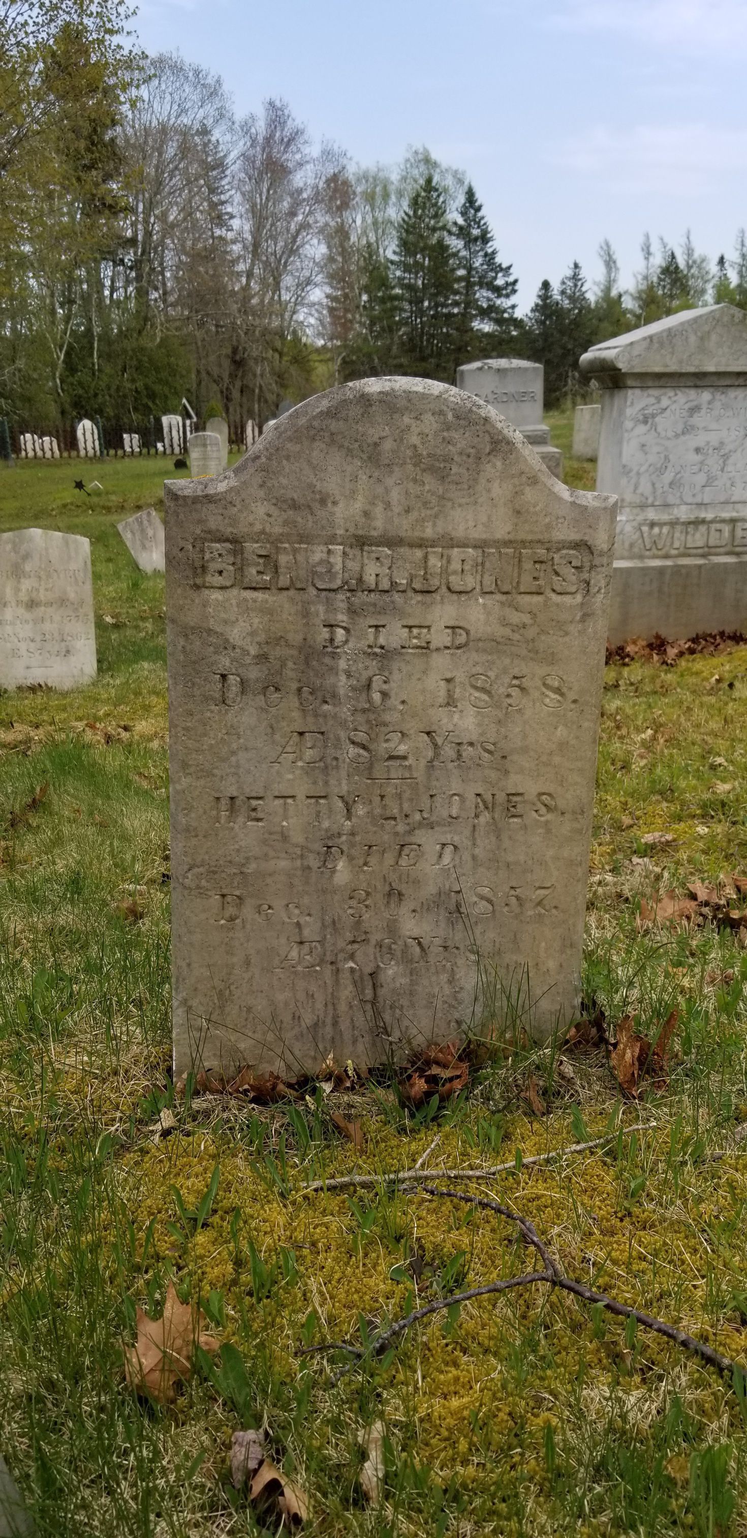 Benjamin R. and Hetty L. Jones' gravestone in the Dennysville Town Cemetery.; This gravestone records the deaths of Benjamin R. Jones, a noted surveyor, in 1858 and his wife Hetty in 1857, in the Dennysville Town Cemetery.
