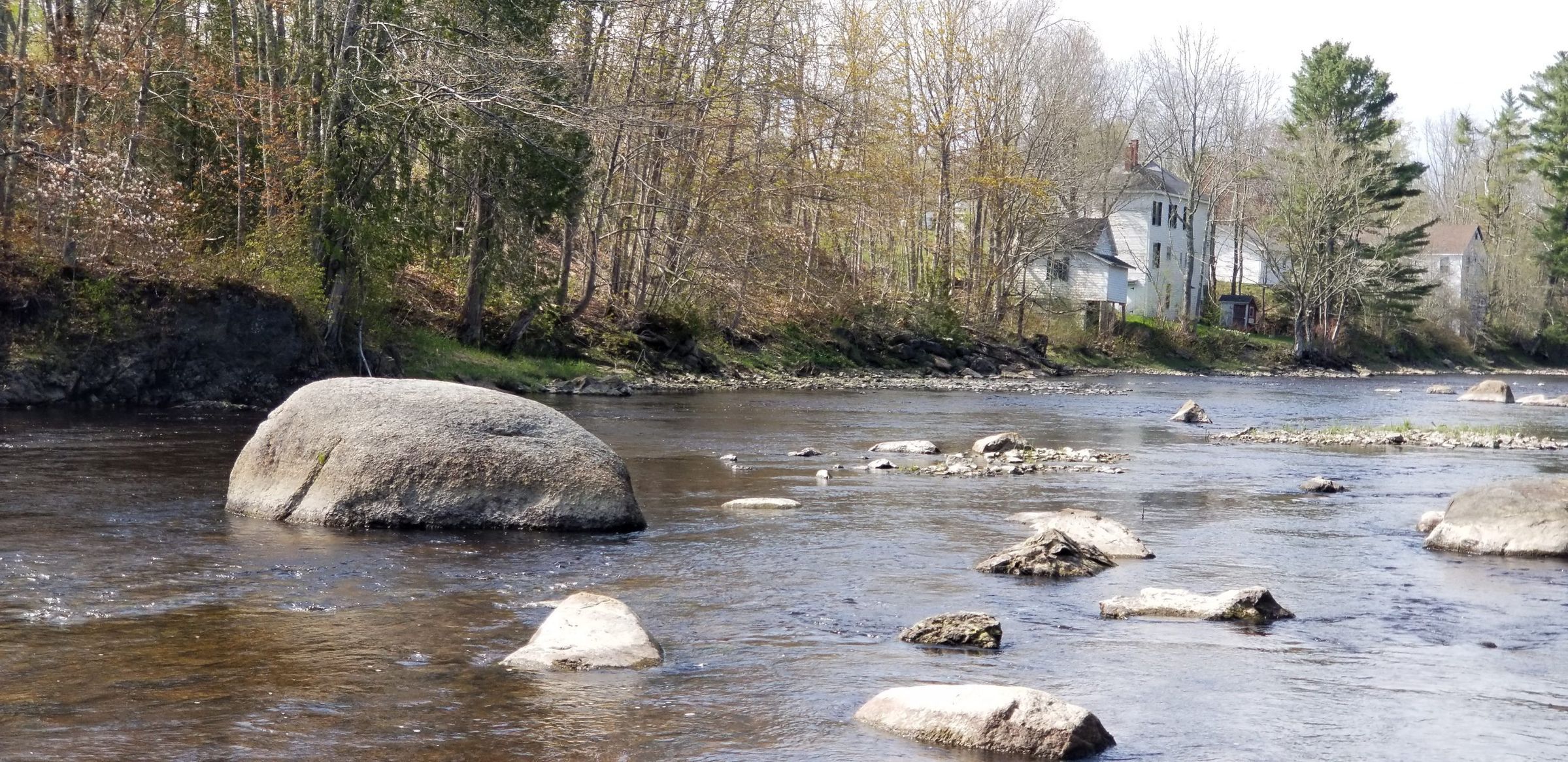 Audobon's Rock, Dennys River, Maine; View from the Edmunds side of the river. The Mattheson house and the Dennysville Post Office are in the background.