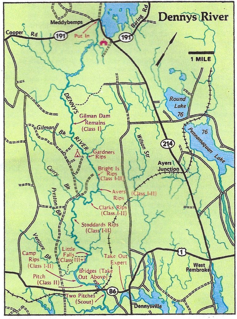          Canoeing Map of the Dennys River; A canoeists' guide to the Dennys River with white water locations and the grade of difficulty marked as Class I, Class II or Class III. Published by the DeLorme Company for Maine Geographic in 1983 and updated in 1985.
   