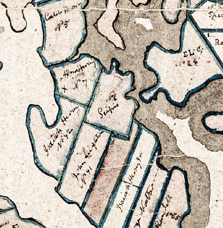          Scipio Dalton's Lot on Hersey Neck in Township No. 2.; Map detail of Township No. 2 with Scipio Dalton’s lot marked on Hersey Neck, now part of Pembroke, Maine, c. 1805.  Scipio was listed in the 1790 Federal Census as the head of a household of five people in the enumerator’s column for “free blacks.”  “Sipp's Bay” in Perry is named after him.
   