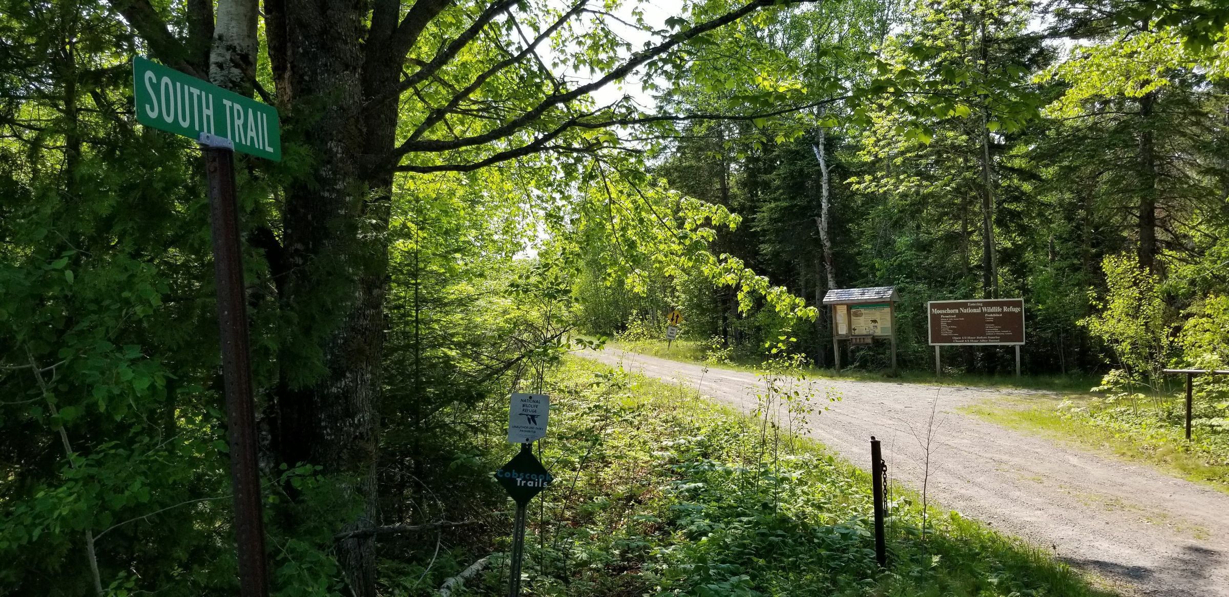 South Trail, Edmunds, Maine; Signage denotes the head of the South Trail leading into the Moosehorn National Wildlife Refuge in Edmunds, Maine.