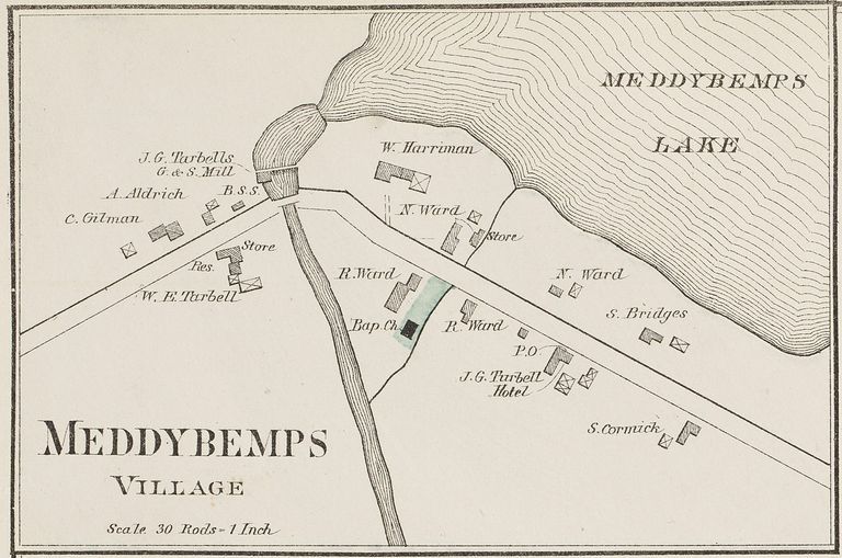          Map of Meddybemps Village, 1881; Stores, houses and businesses join J.G. Tarbell's Grist and Sawmill and Blacksmith Shop on the  the Dennys River, in this view of the village of Meddybemps, Maine from the Colby Atlas of 1881.  The canal bypassing the dam, visible as a dark line, was the alewife harvesting area, a novelty mill, and fish ladder leading to Meddybemps Lake.
   