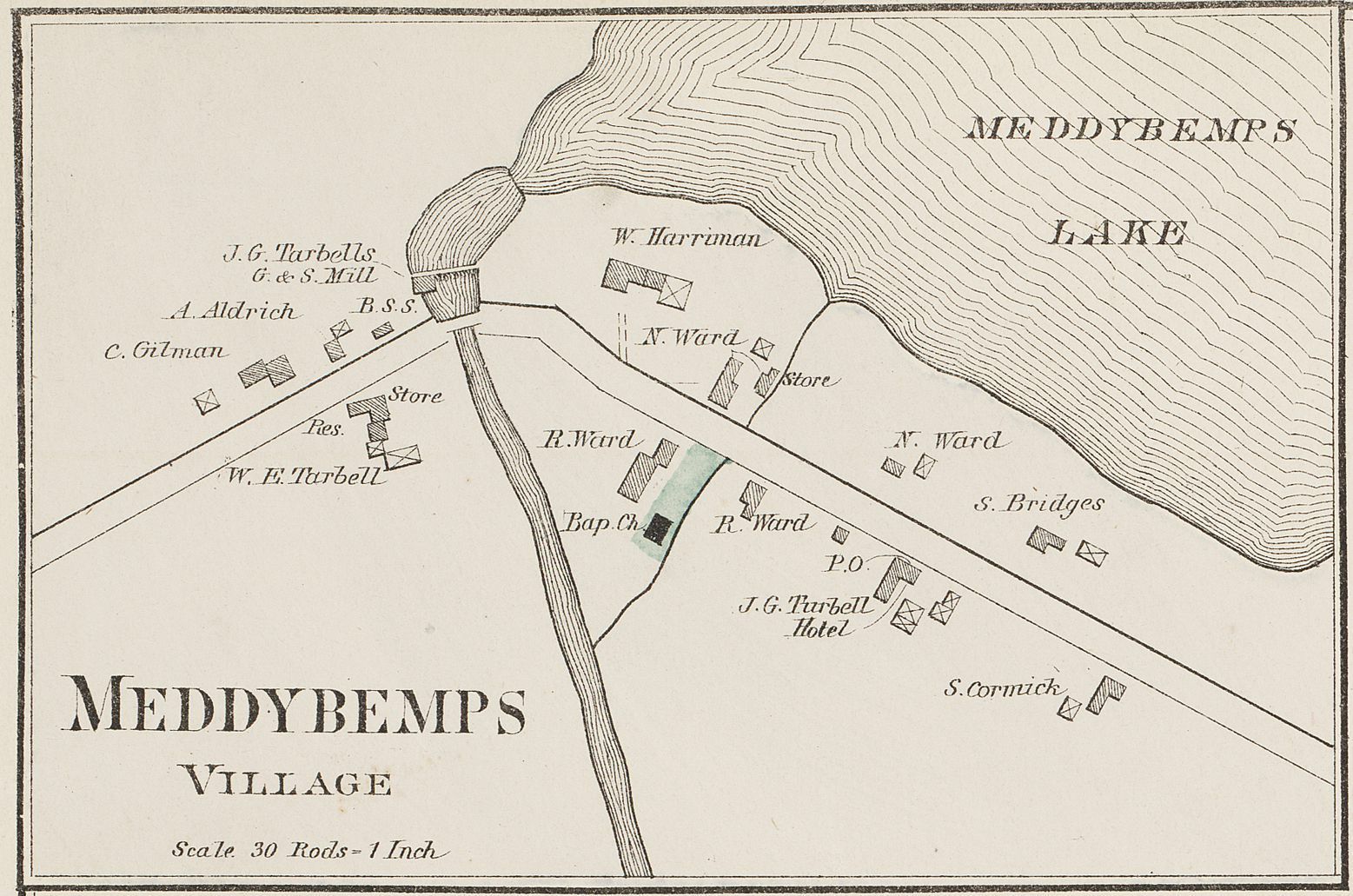 Map of Meddybemps Village, 1881; Stores, houses and businesses join J.G. Tarbell's Grist and Sawmill and Blacksmith Shop on the the Dennys River, in this view of the village of Meddybemps, Maine from the Colby Atlas of 1881. The canal bypassing the dam, visible as a dark line, was the alewife harvesting area, a novelty mill, and fish ladder leading to Meddybemps Lake.