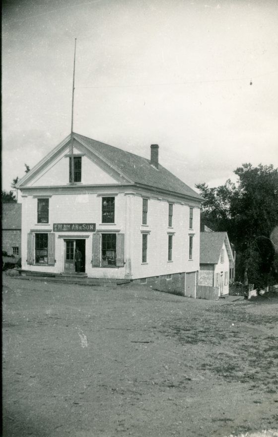          T.W. Allan and Son Store, Dennysville, Maine c. 1890; T.W. Allan's Store at the junction of The Lane and Water Street, before it burned in 1893.  Down the hill can be seen the end of John Allan's Store, which later became the Legion Post.  Together with Kilby and Vose's Store just behind the camera, they lent their names to Store Hill.  Photograph courtesy of the Tides Institute, Eastport, Maine
   