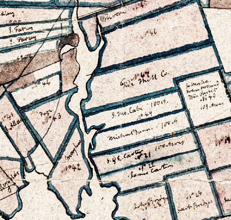          Map of early settlers on Wilson's Stream; Detail of a lot map of Townships No. 1 & 2, now Perry, Pembroke and Dennysville, Maine, c. 1805
   