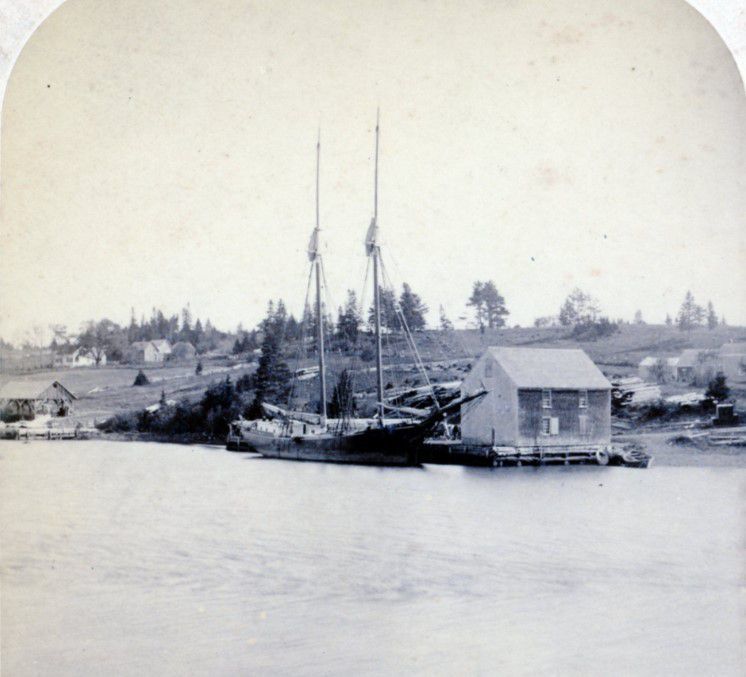          Wharves on the Dennys River,; The schooner Spartel loads at T.W. Allan's wharf in Edmunds on the Dennys River, while Peter  E. Vose's wharf with its low shed is downstream to the left.  On the hillside above are the Cambridge and Hanson houses located on the what was formerly the Preston, now River Road.
   