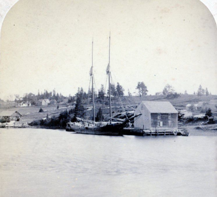 Wharves on the Dennys River,; The schooner Spartel loads at T.W. Allan's wharf in Edmunds on the Dennys River, while Peter E. Vose's wharf with its low shed is downstream to the left. On the hillside above are the Cambridge and Hanson houses located on the what was formerly the Preston, now River Road.