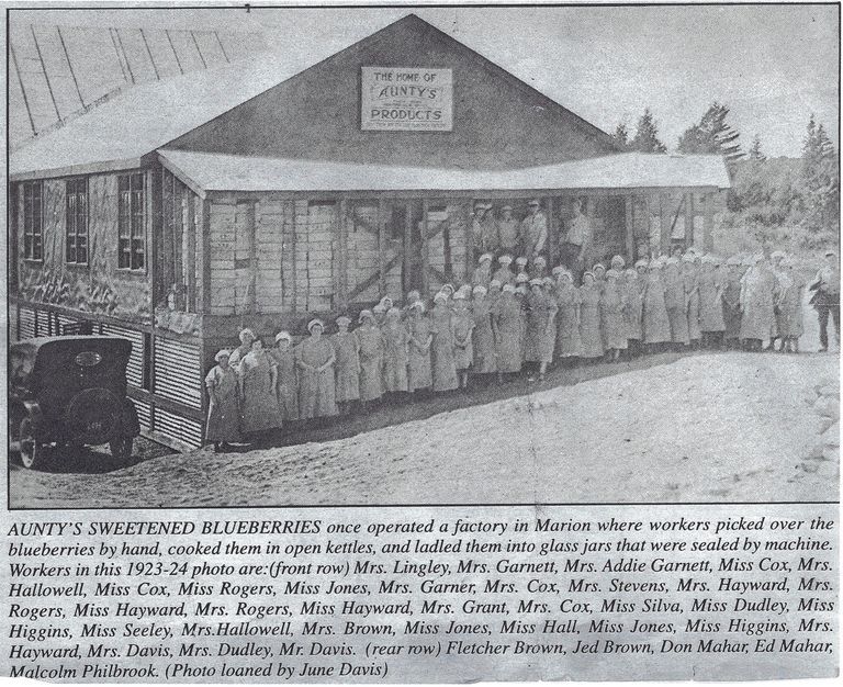          Aunty's Blueberry Cannery in Marion, Maine 1923-24; Workers at Aunty's Products Cannery in Marion, Maine pose for their picture during the 1923-24 season, in this photograph from June Davis and published by the Quoddy Tides.
   
