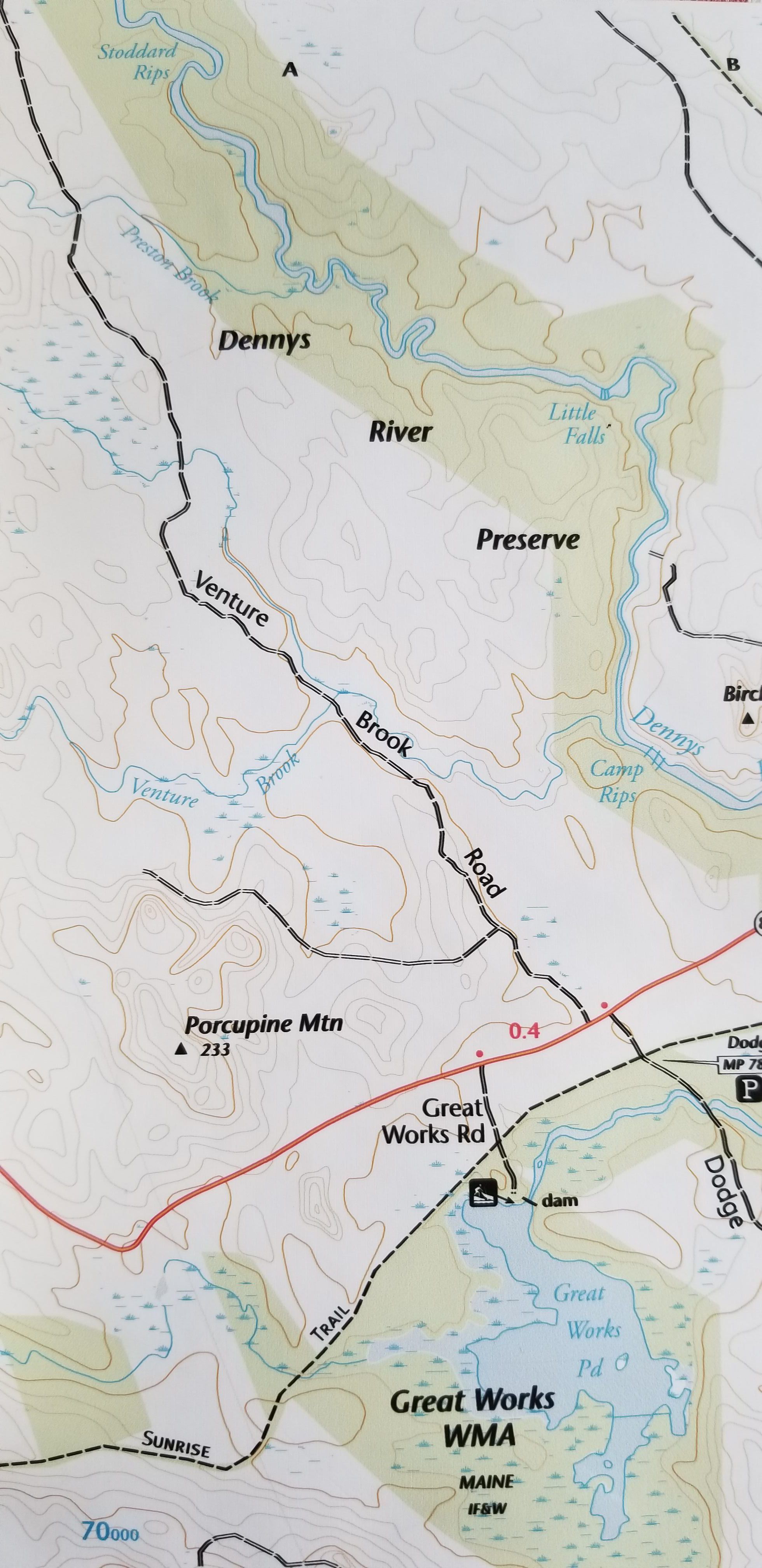 Dennys River Preserve and Great Works Wildlife Management Area (WMA,) Maine; Detail of the Cobscook Bay trail map showing the areas along the Dennys River managed by the Maine Department of Inland Fisheries and Wildlife, prepared by the Cobscook Shores Foundation in 2022.