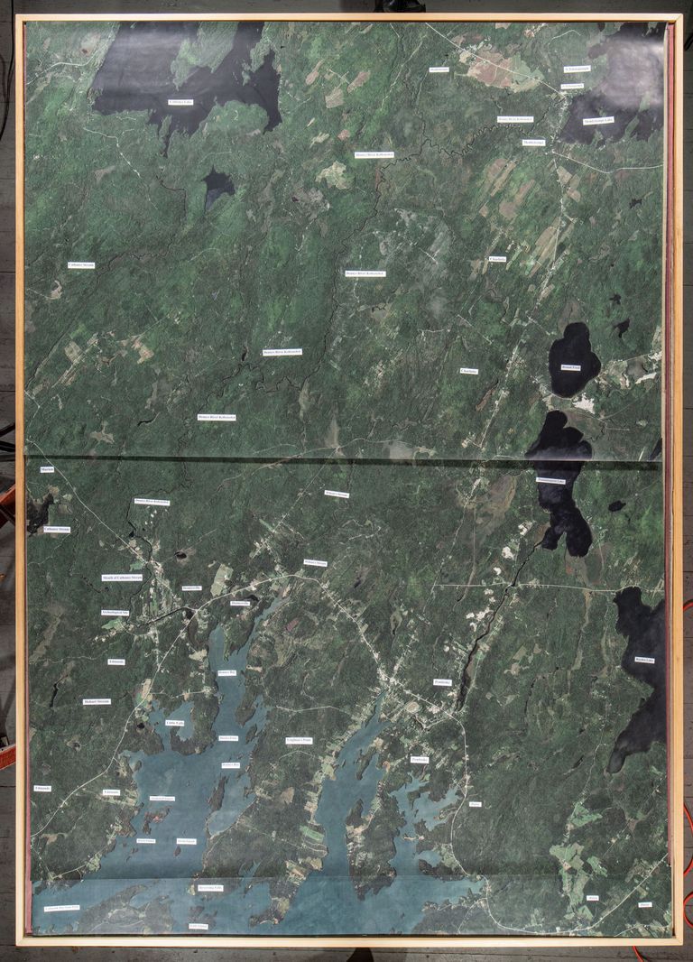          Google Earth Satellite view of the Dennys River watershed.; This large printed image from Google Earth follows the course of the Dennys River from it source in Meddybemps Lake to the the mouth of Dennys Bay at the Reversing Falls on the tip of Leightons Point in Pembroke, Maine.
   