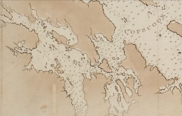          Chart of Dennys Bay, J.F.W. Des Barres, London 1777; Detail of a Chart of Passamaquoddy Bay by Joseph F.W. Des Barres, from the Atlantic Neptune, published in London in 1777, probably surveyed around 1771.
   