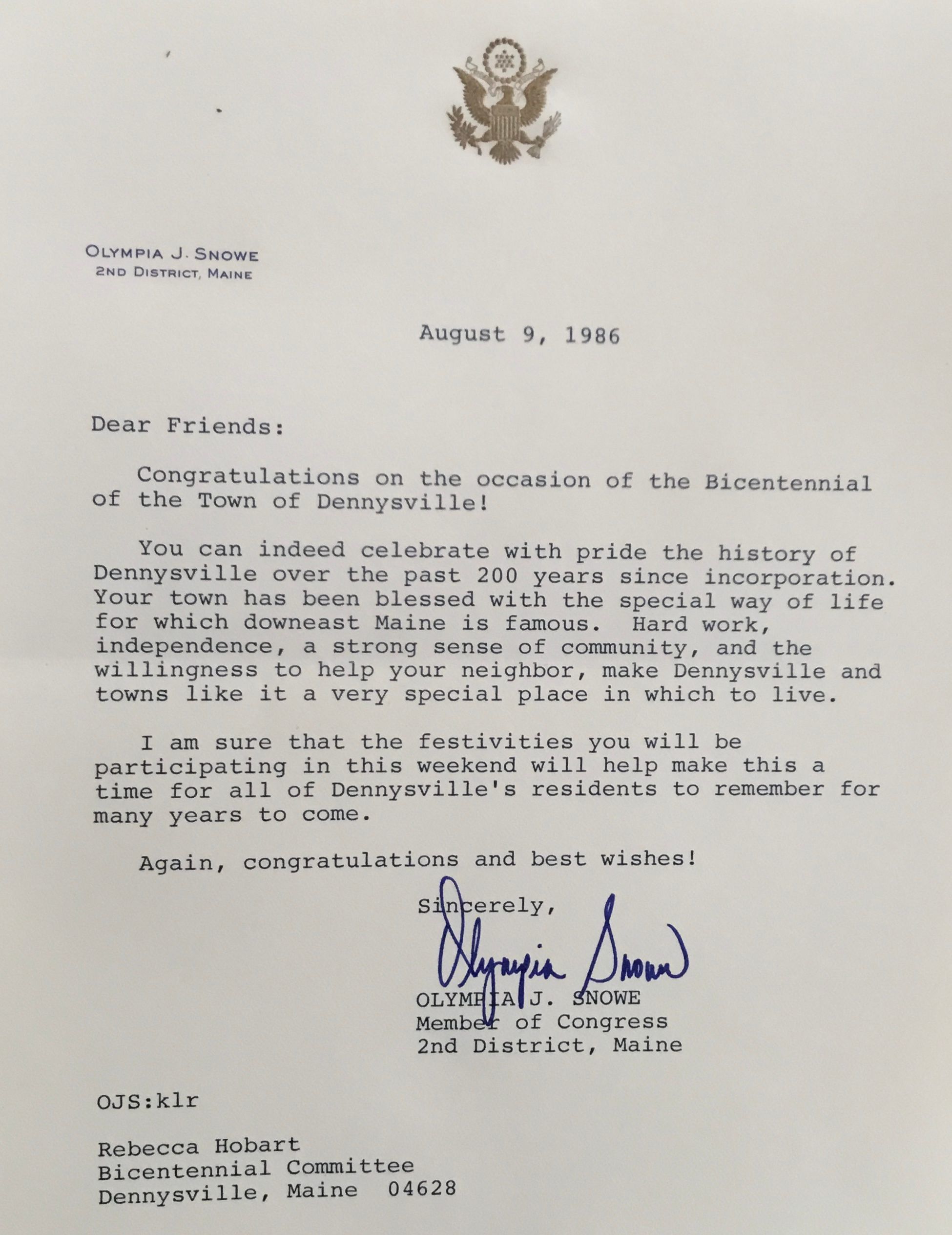 Letters of Congratulation on the Dennysville Bicentennial picture number 1