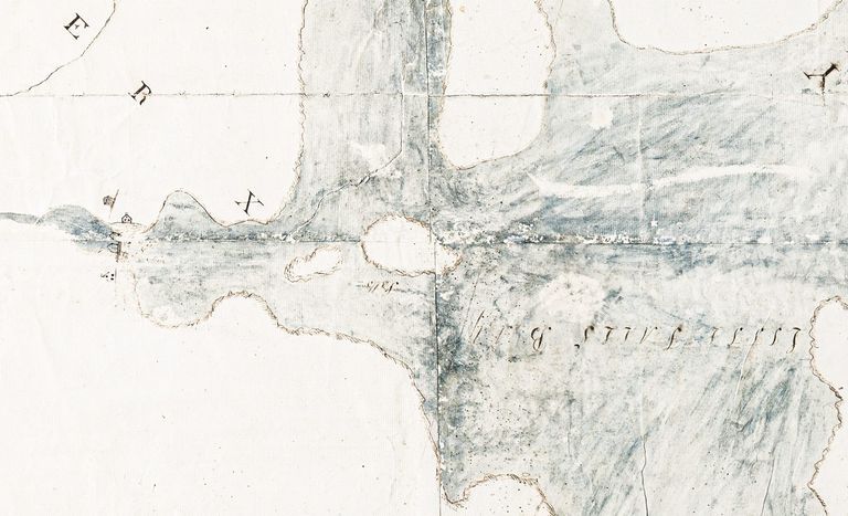          Isaac Hobart's house and mills at Little Falls in Township Number X.; Detail of Solomon Cushing's combined map of Townships no. 1, 2, and part of 10, made between 1795 and 1800.
   