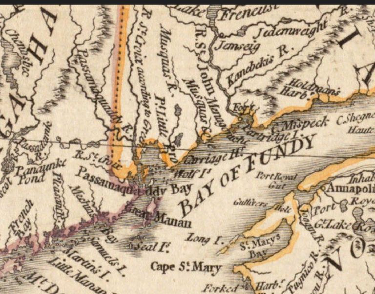          Map detail of the Bay of Fundy and Passamaquoddy Bay, London, 1776; In this detailed view the Dennys River is labeled as the River St. Croix, shown flowing from the north branch of Cobscook Bay.
   