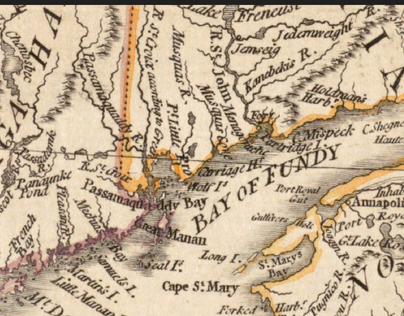 Map detail of the Bay of Fundy and Passamaquoddy Bay, London, 1776; In this detailed view the Dennys River is labeled as the River St. Croix, shown flowing from the north branch of Cobscook Bay.