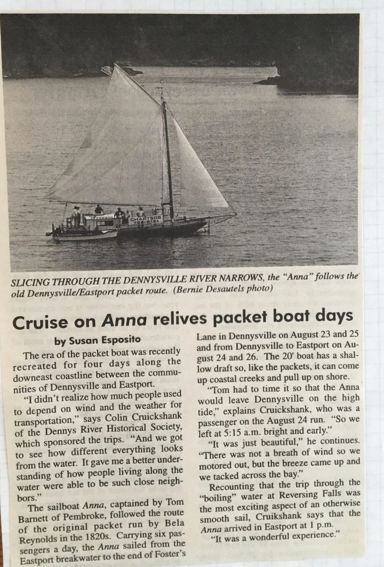          Newspaper story on sailing trip conducted by the Dennys River Historical Society.
   