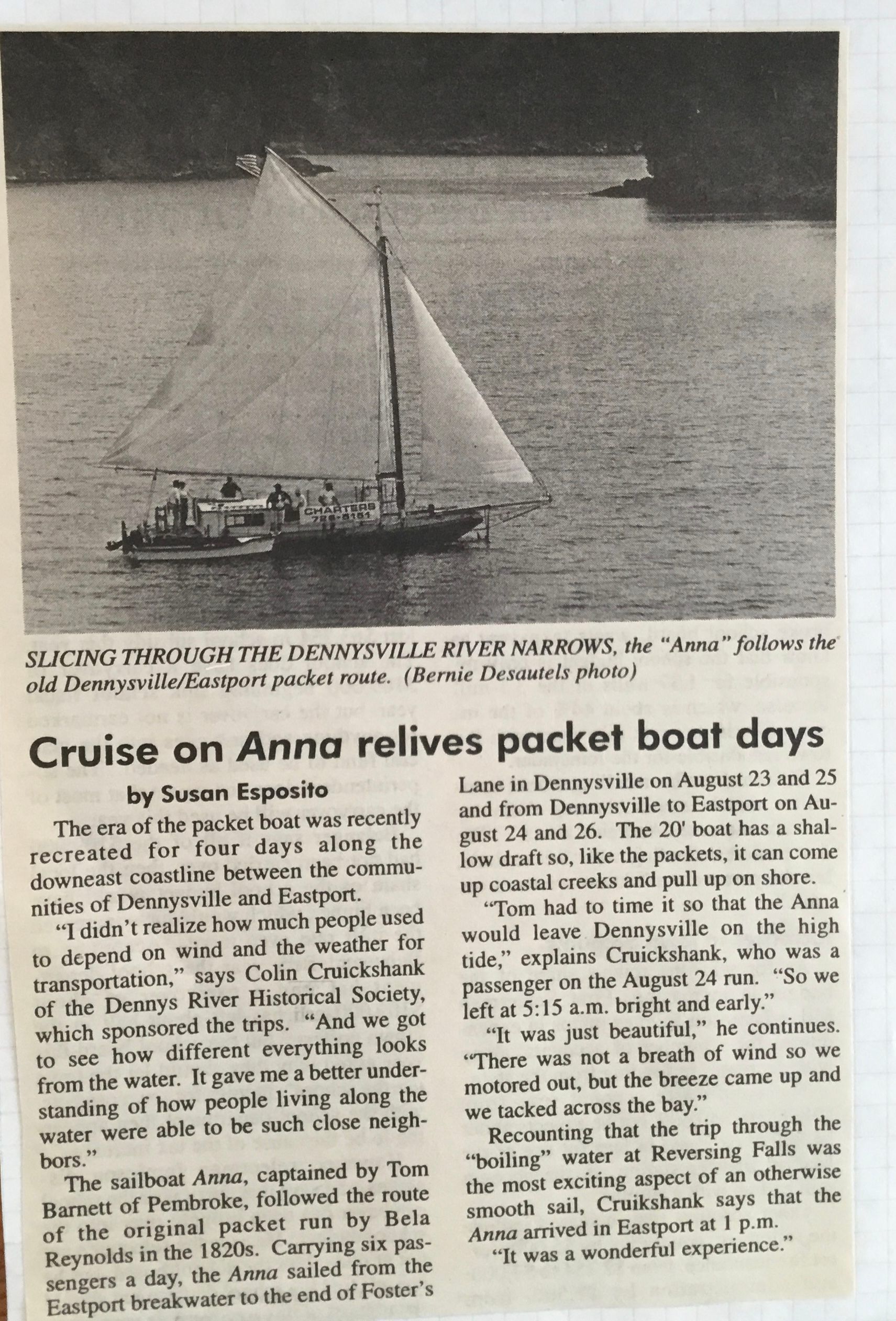 Newspaper story on sailing trip conducted by the Dennys River Historical Society.