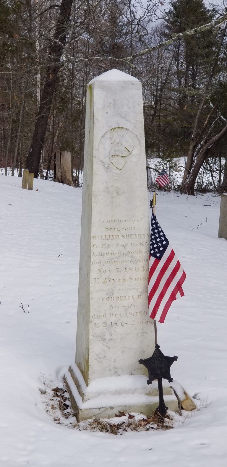          Gravestone of Sergeant William Sheahan, and his wife Cordelia, 1863, Dennysville, Maine
   