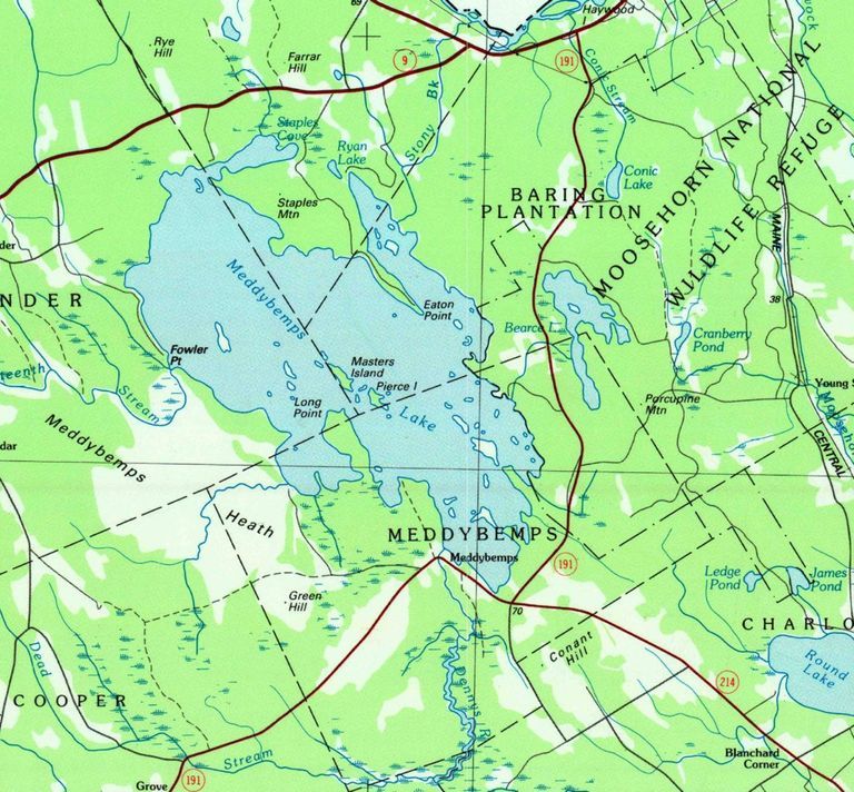          Meddybemps Lake, USGS Topographical Map, 1987; Stony Brook was the original outlet on Meddybemps Lake, above Eaton Point emptying into the St. Croix River.  During the settlement of the area following the American Revolution, lumbermen from Dennysville built a berm across the mouth of Stony Brook, forcing the water to flow south through the Dennys River towards the mills in Dennysville and Edmunds.
   