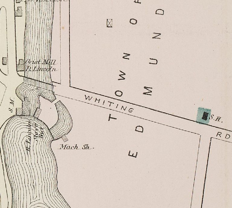          Lyons Hill Road and Schoolhouse; The Lyons Hill School was located on the Lyons Hill, marked on this detail from the 1881 Colby Atlas map of Dennysville village as the Whiting Road.
   