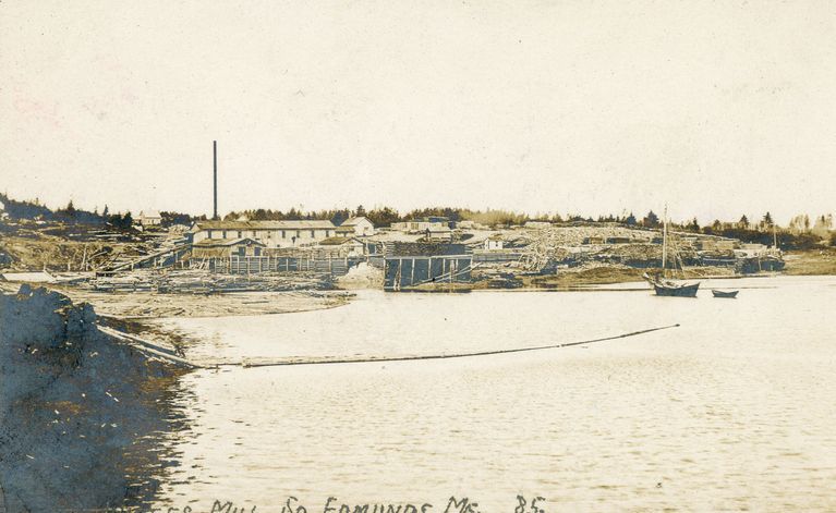          E.I White's Steam Mill in Edmunds, Maine. c. 1905, viewed from Hallowell's Island; An boom is anchored to Hallowell's Island to retrieve any stray logs that may escape the timbers confined closer to the mill.
   