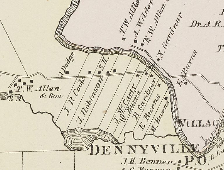          T.W. Allan and Son Saw Mill at Great Works on Cathance Stream, Edmunds, Maine.; Detail of mill buildings owned by T.W. Allan and Son at the Great Works on Cathance Stream, from the Colby Atlas of Washington County, published in 1881.
   