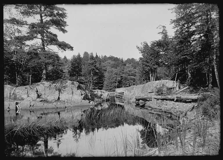          The Flume, Edmunds, Maine; View of a natural cut in the bedrock though which the Cathance Stream flows, in Edmunds, Maine, photographed by Dr. John P. Sheahan c. 1885.
   