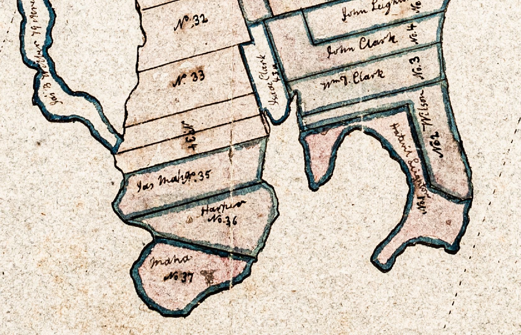 Mahar's Point and Leighton's Point, with early settlers, c. 1805; Detail from a map of Townships No. 1 and 2, now Perry, Pembroke and Dennysville, Maine. c. 1805
