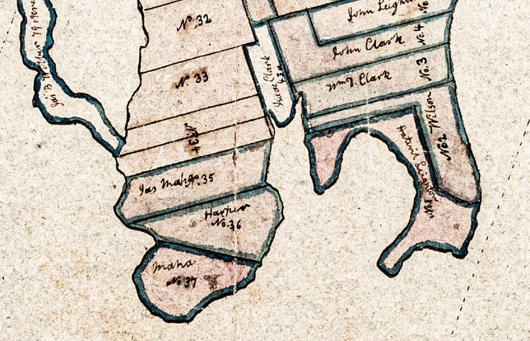          Mahar's Point and Leighton's Point, with early settlers, c. 1805; Detail from a map of Townships No. 1 and 2, now Perry, Pembroke and Dennysville, Maine. c. 1805
   