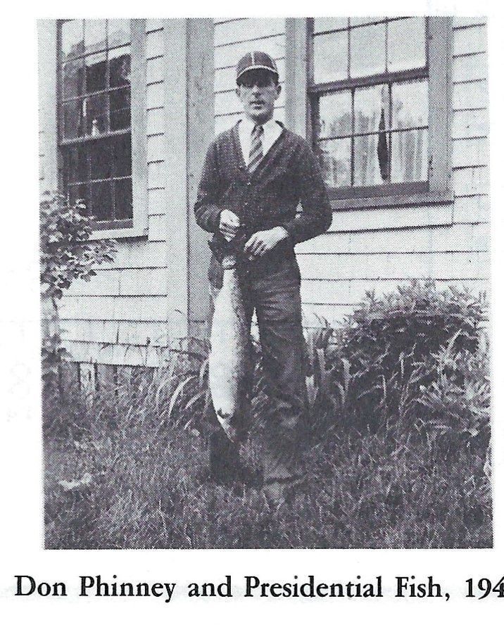 Donald Phinney and the Presidential Salmon, 1940; Donald Phinney holding the first bright run salmon caught on May 20, 1940 the Dennys River, Dennysville, Maine. Reproduced from