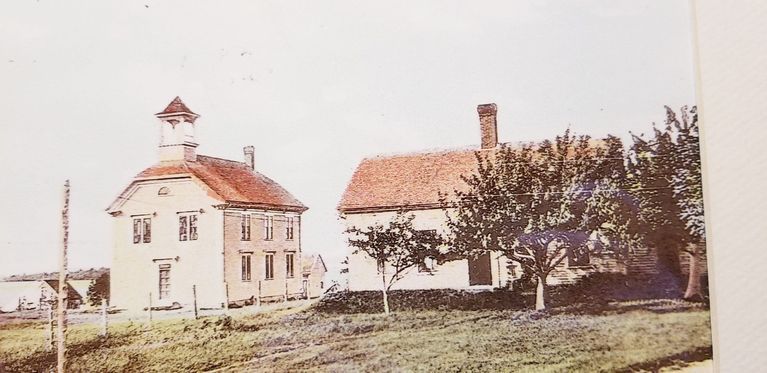          View of the old Town Hall in Meddybemps, Maine; Hand tinted view of the old Town Hall in Meddybemps , Maine
   