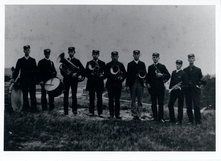          Brass Band, Dennysville, Maine; L-R: Howard Sylvia, Howard Philbrook, Edgar Gardner, Charles Wilder, Albert Lincoln, Austin Motz, Edward P. Foster, Victor A. Foster, Fred L. Gardner
   