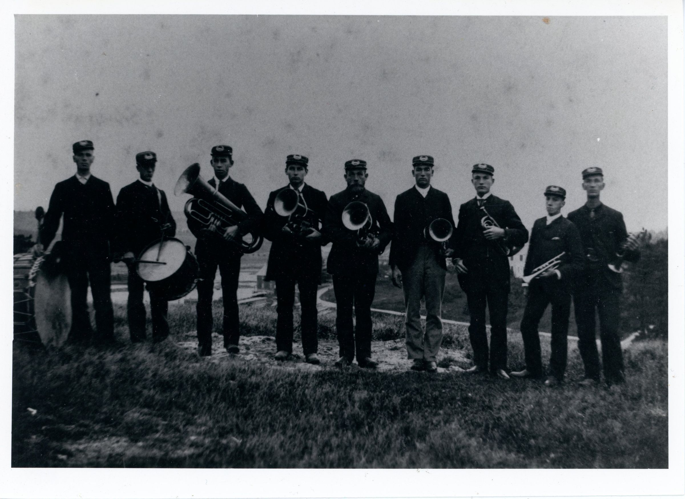 Brass Band, Dennysville, Maine; L-R: Howard Sylvia, Howard Philbrook, Edgar Gardner, Charles Wilder, Albert Lincoln, Austin Motz, Edward P. Foster, Victor A. Foster, Fred L. Gardner