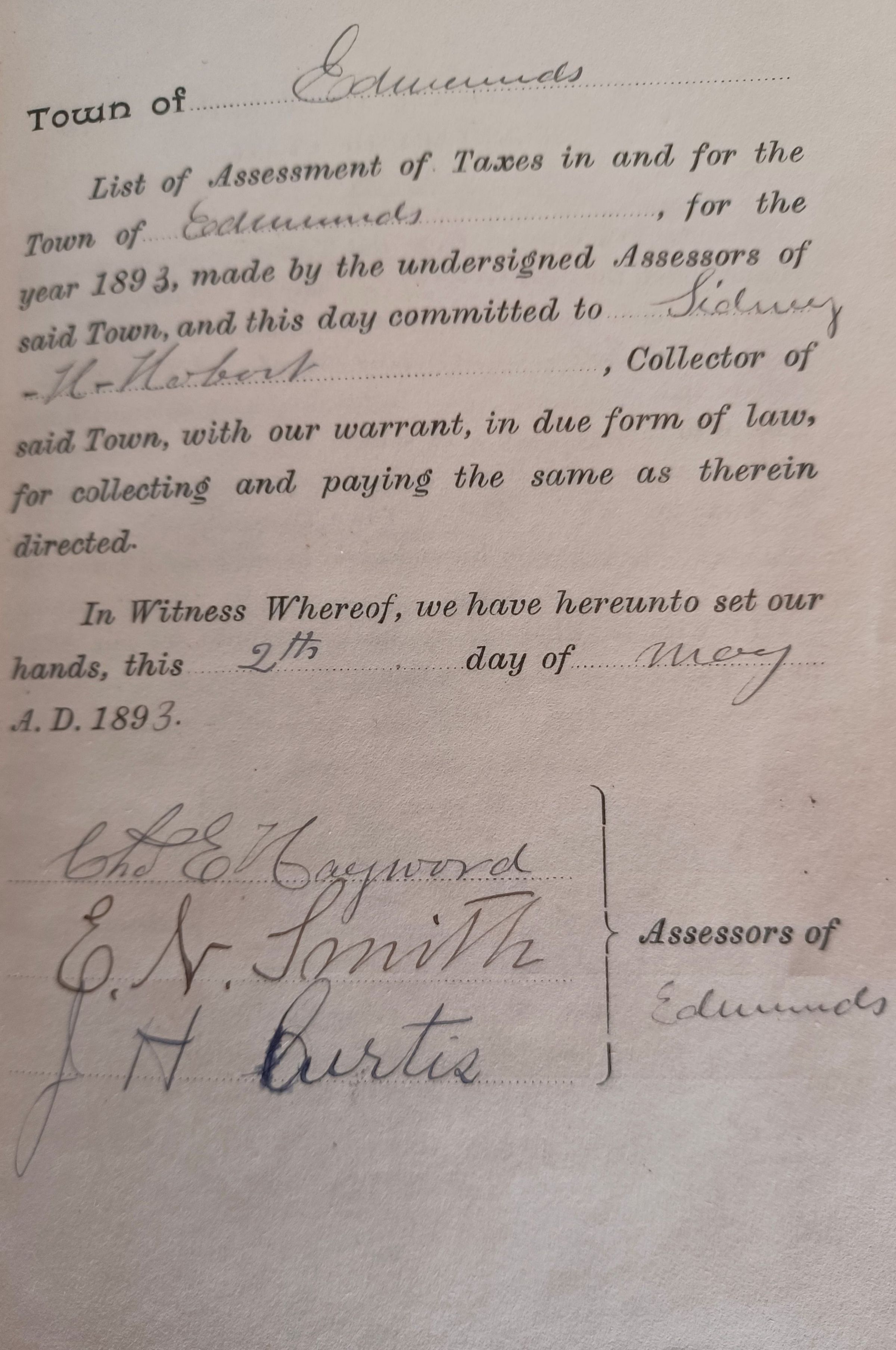Town of Edmunds Tax Assessments For 1893 picture number 1