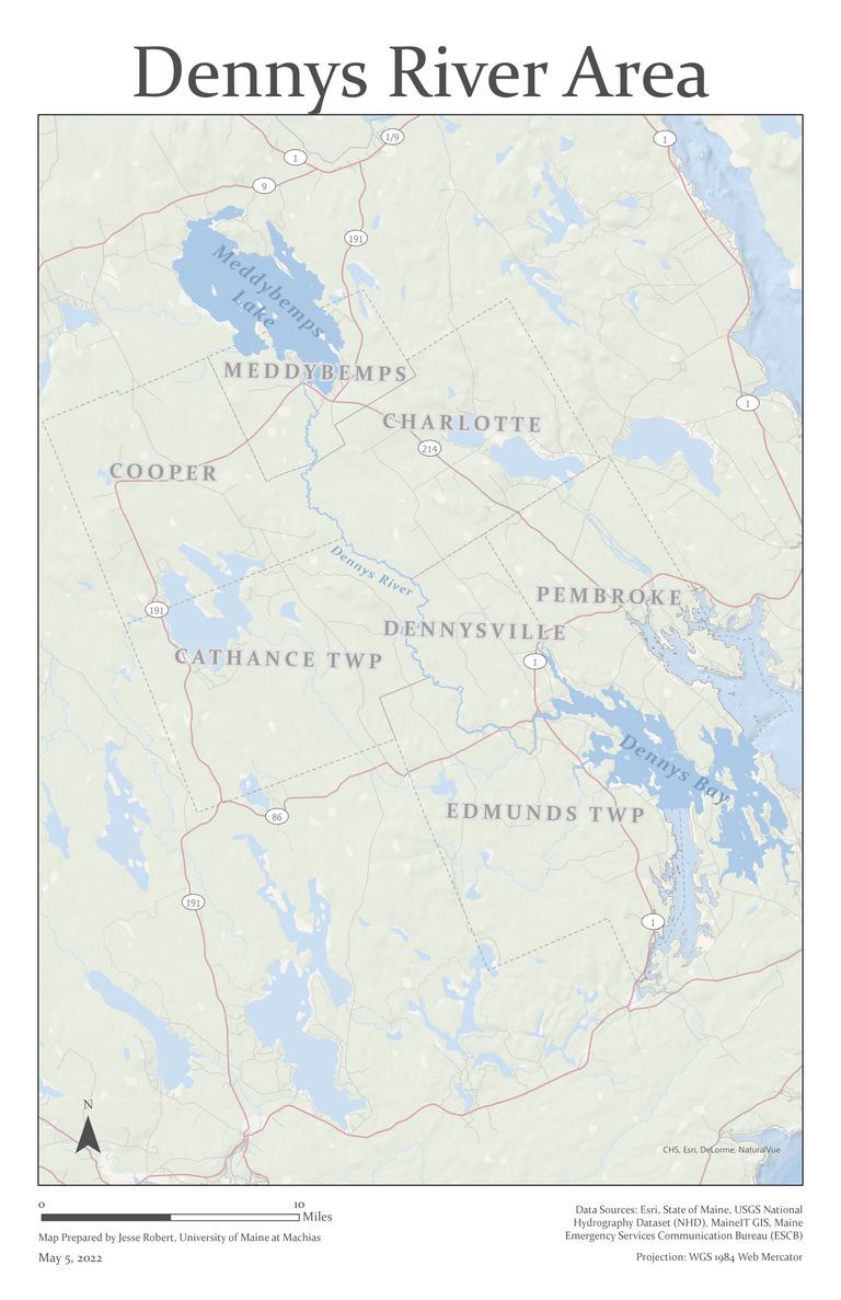          Dennys River Area Map, created by Jesse Robert; A map of the seven towns within the Dennys River watershed prepared by Jesse Robert, University of Maine at Machias.
   