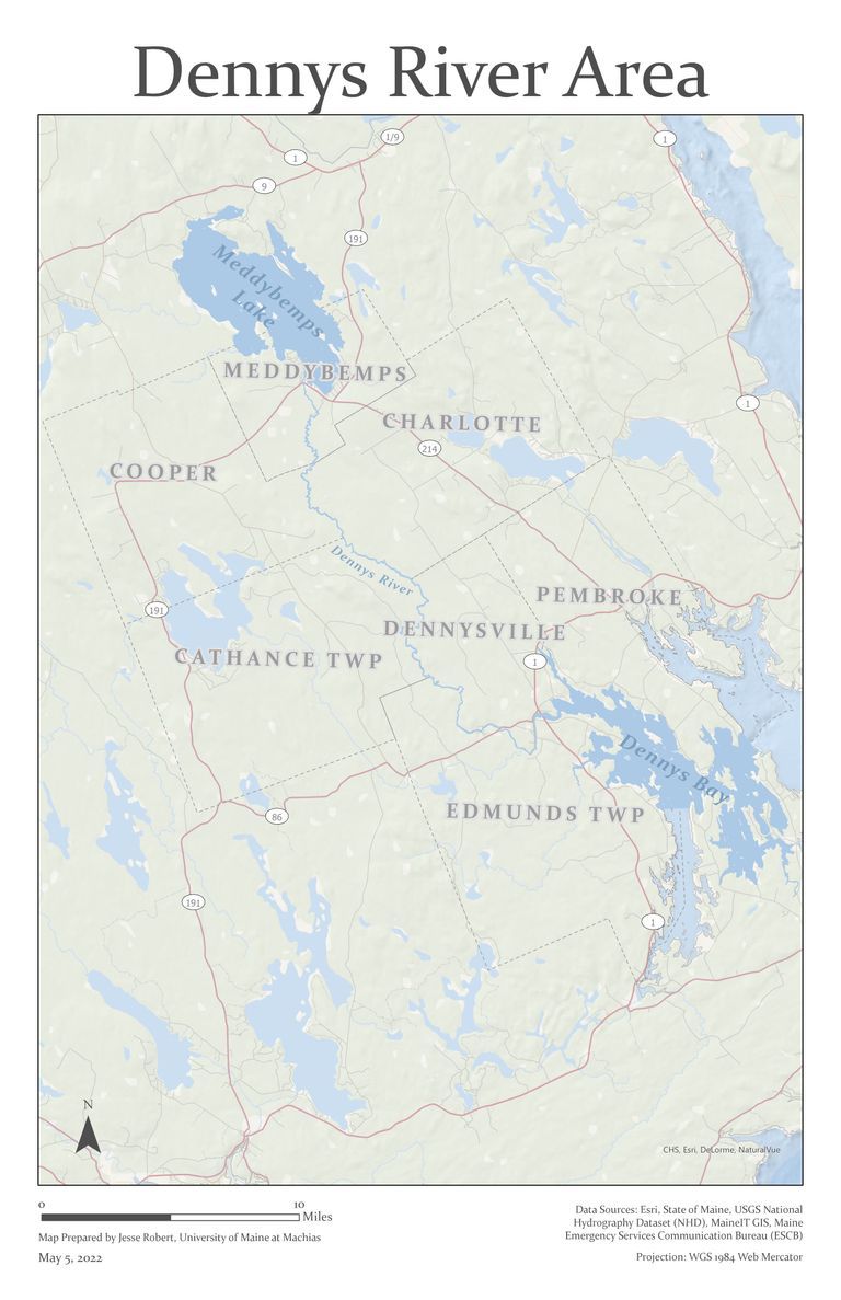          Dennys River Area Map, created by Jesse Robert; A map of the seven towns within the Dennys River watershed prepared by Jesse Robert, University of Maine at Machias.
   