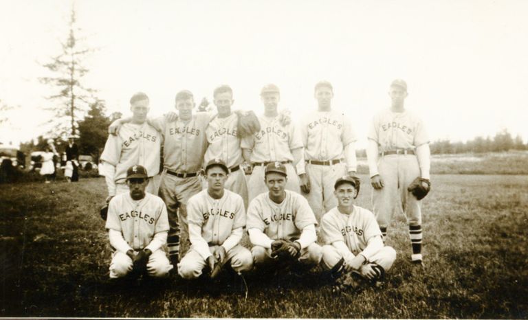          Baseball Team, Dennysville, Maine; Front Row, left to right:  Walt Sylvia, Carlton Foster, Lee Wilder, George Smith
Top Row, left to right: George Matheson, Foster Leighton, Glenn Sylvia, Bill Smith, Pat Wilson, Wilbur Millet.
   