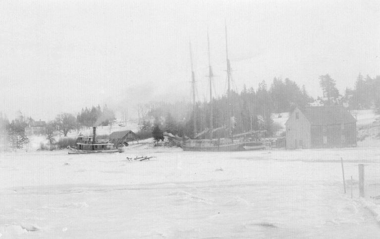          Schooner Jennie French caught in the ice at Allan's Wharf, on the Dennys River, Edmunds, Maine
   
