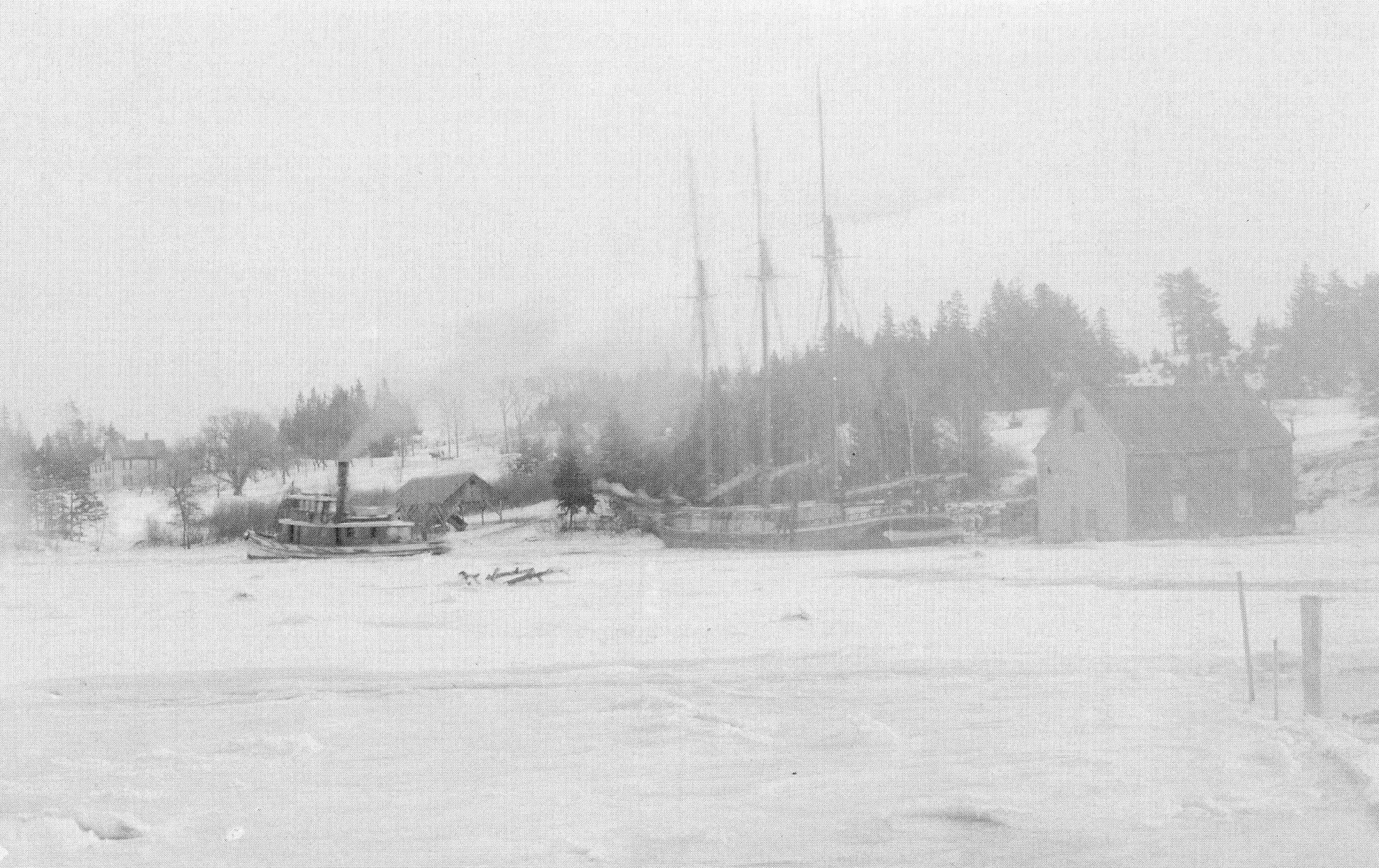 Schooner Jennie French caught in the ice at Allan's Wharf, on the Dennys River, Edmunds, Maine
