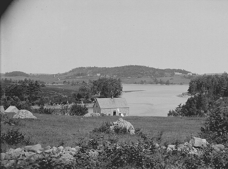          Clark Point at the Dennys River Narrows; Cleared fields and blueberry land cover Clark Point in this view across the Dennys River from the 1880's. The cottage built by John Matthie, an immigrant from Scotland, is in the foreground of this photograph by Dr.John P. Sheahan of Edmunds.
   