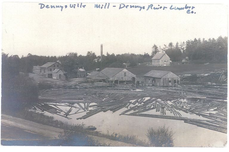          Mill Pond of the Dennys River, after 1907; Logs float placidly in the mill pond, once owned by the Lincoln family but, sold to the Dennysville Lumber Company in 1894. The tall stack of the waste burner was installed on the Edmunds side of the river after a disastrous fire left the mill beside the river in ashes in April, 1907.
   