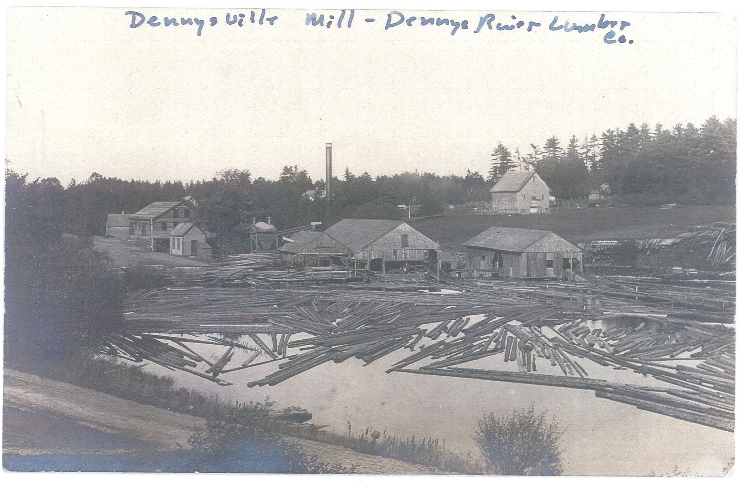 Mill Pond of the Dennys River, after 1907; Logs float placidly in the mill pond, once owned by the Lincoln family but, sold to the Dennysville Lumber Company in 1894. The tall stack of the waste burner was installed on the Edmunds side of the river after a disastrous fire left the mill beside the river in ashes in April, 1907.
