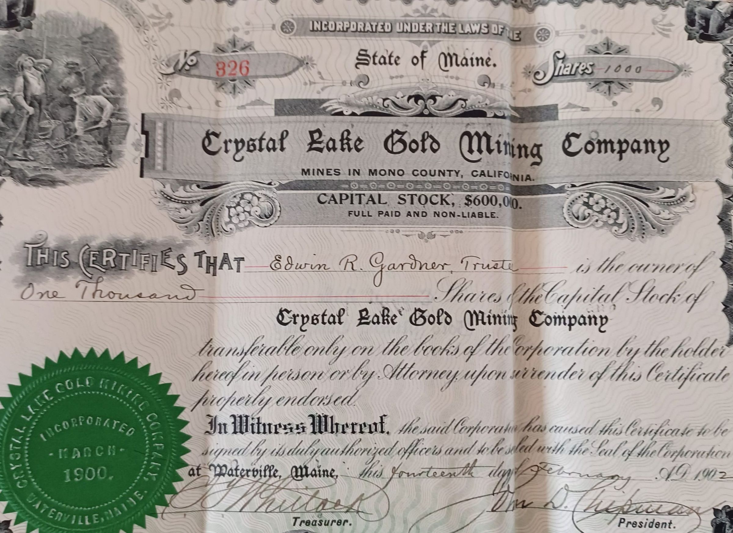 Stock certificates owned byy the Dennysville Lumber Co.
