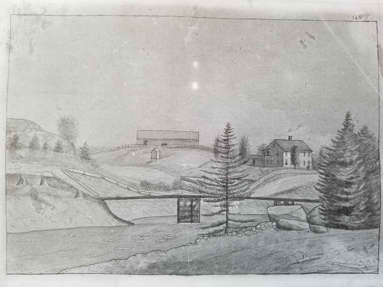          Thomas Lincoln's sketch of the Lincoln homestead and barn in Dennysville, Maine c. 1824; The image is a view from the road on the Edmunds side of the Dennys River, spanned by an early version of the Lower Bridge in the foreground, with tree stumps, fencing and an outbuilding in the distance.
   