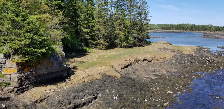          Site of Isaac Hobart's Grist Mill and Saw Mill, Edmunds. Maine; Photo also shows the abutment for a later bridge.
   