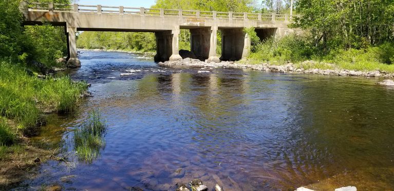          Upper Bridge over the Dennys River; The Upper or upstream Bridge over the Dennys River, seen form the the Dennysville shore.
   