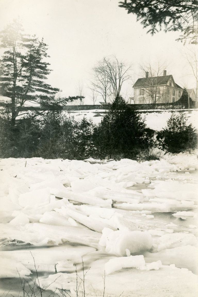          Ice on the Dennys River, Dennysville, Maine; Image of the ice jam in the Dennys River in front of the Congregational Parsonage, in a photograph taken by Dr. John P. Sheahan c. 1890.
   
