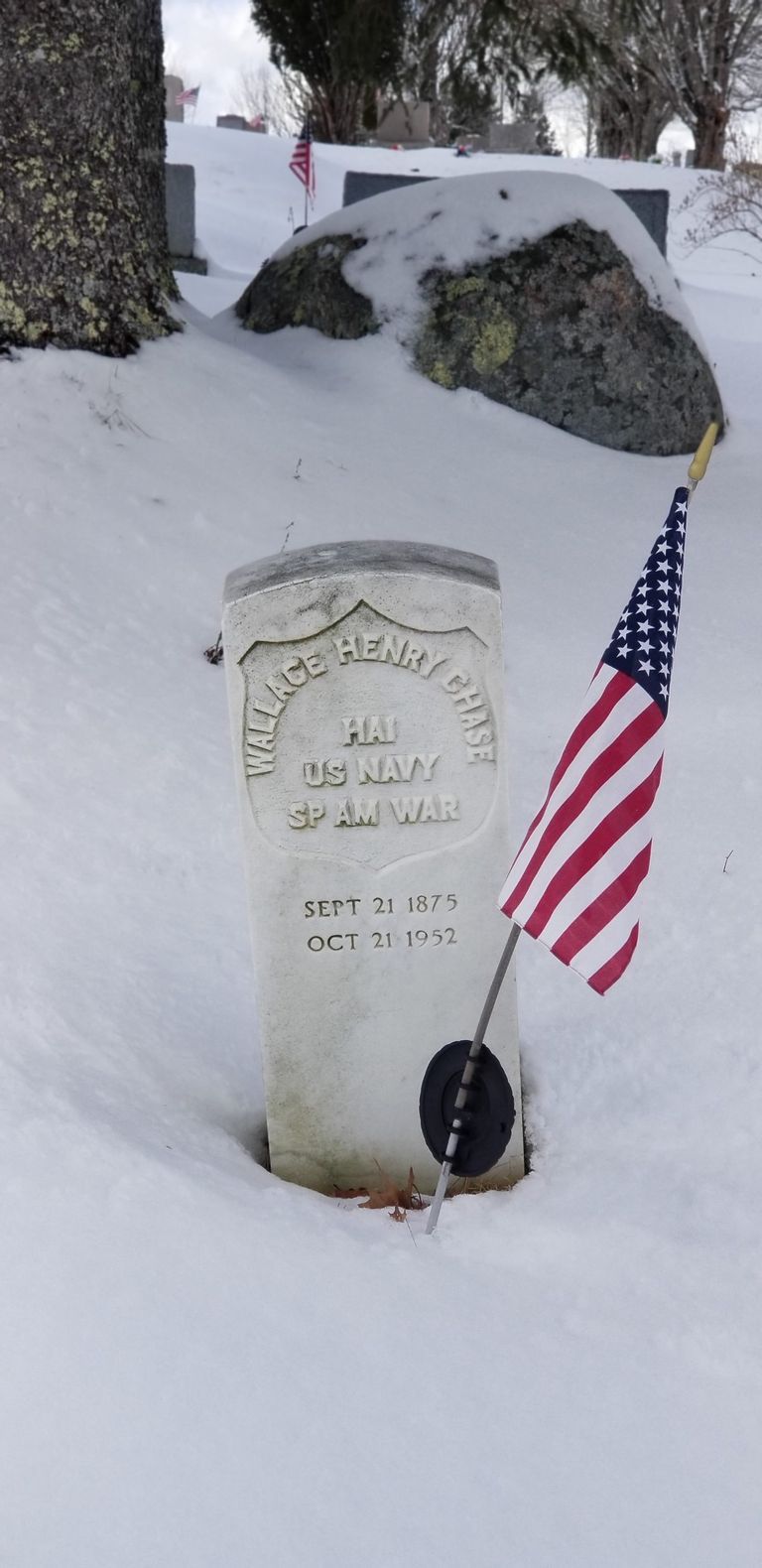          Wallace Henry Chase, Spanish American War Veteran, Dennysville, Maine; The inscription reads:  William Henry Chase, HAI, U.S. Navy, Spanish American War, Sept 21, 1875-Ocotber 21, 1952.
   