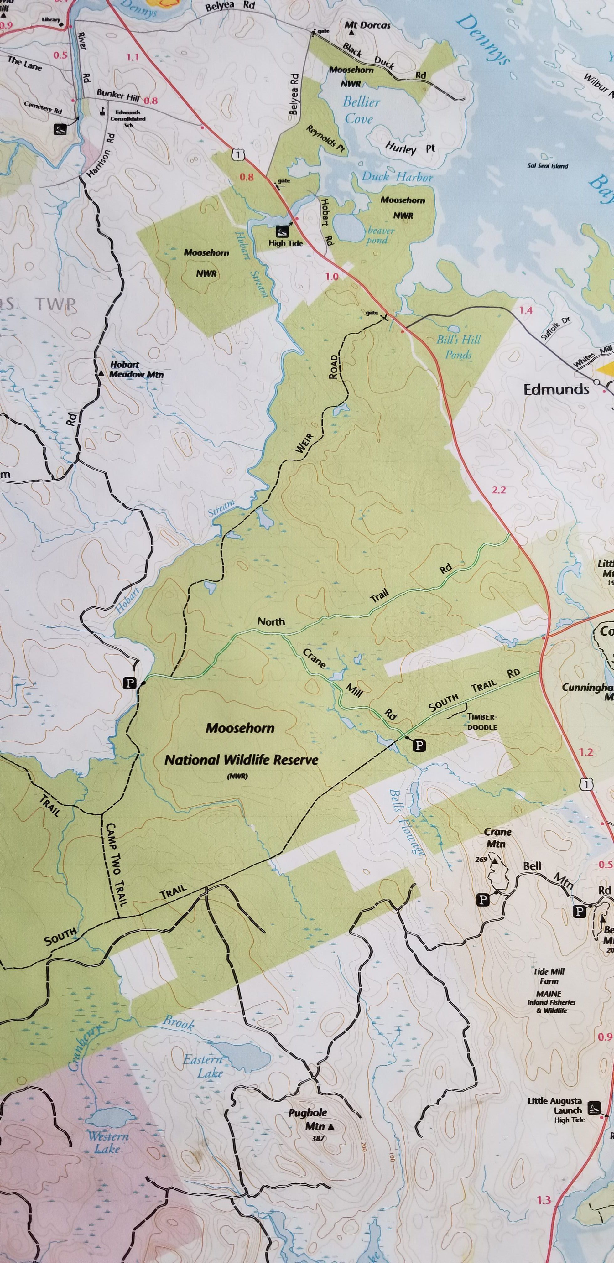 Moosehorn National Wildlife Refuge Trail Map, Edmunds, Maine, 2022; Detail of the trails and roads within the Edmunds Division of the Moosehorn National Wildlife Refuge, including the Weir Road, North and South Trails, and other secondary roads.